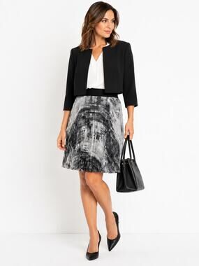 LR4710 APT 9 Pleated Skirt Large Black Gray Abstract Print Elastic Waist Lined